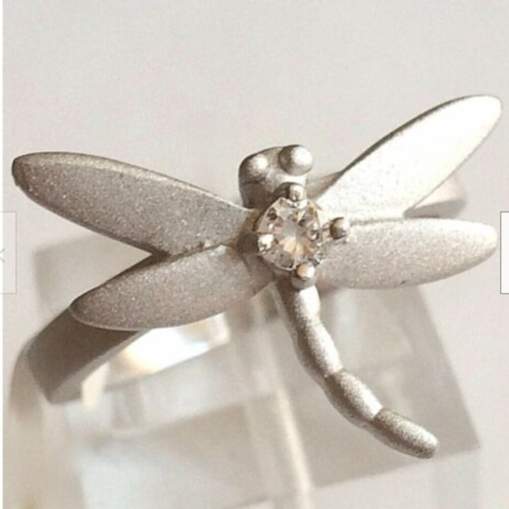 Vtg Silver Dragonfly Cocktail Ring CubicZirconia Plated Size 5 6 7 8 9 10 Insect